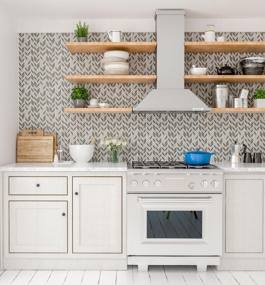 Patterned Kitchen Backsplash with White And Beige Mix Leaf Recycled Glass Mosaic Tile