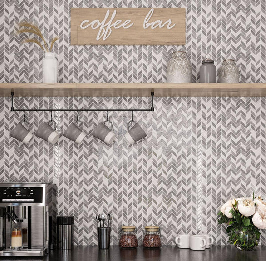 White and gray leaf shaped tile backsplash for coffee bar