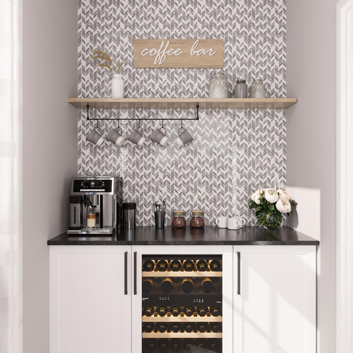 Coffee bar with white and gray tile backsplash