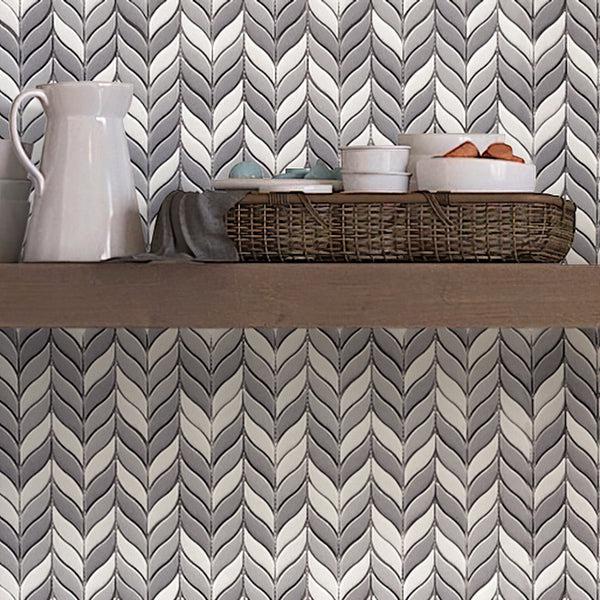 Kitchen Shelf on White And Grey Mixed Leaf Recycled Glass Mosaic Tile Backsplash