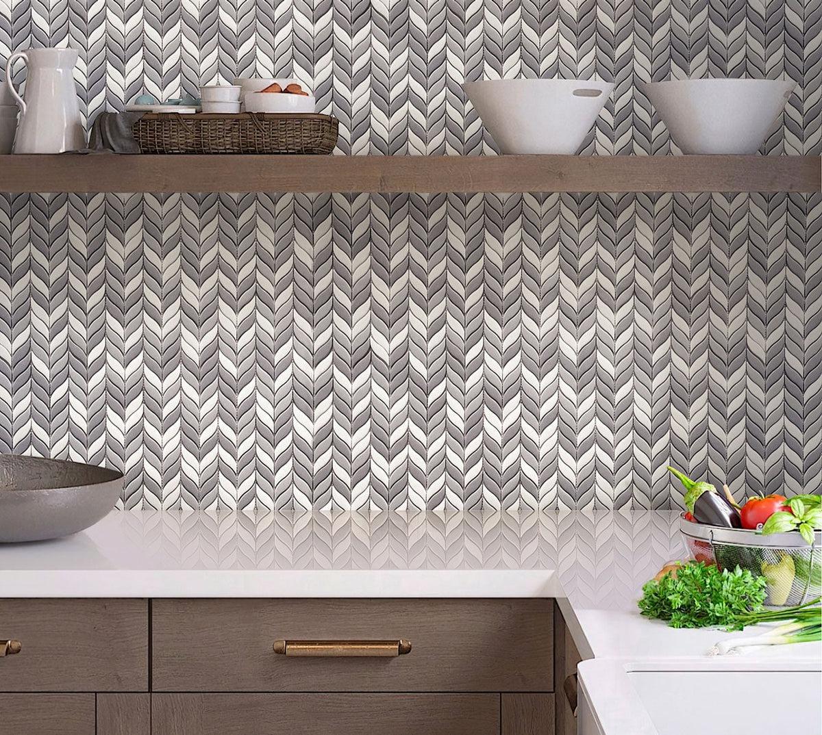 White And Grey Mixed Leaf Recycled Glass Mosaic Tile Kitchen Corner Backsplash