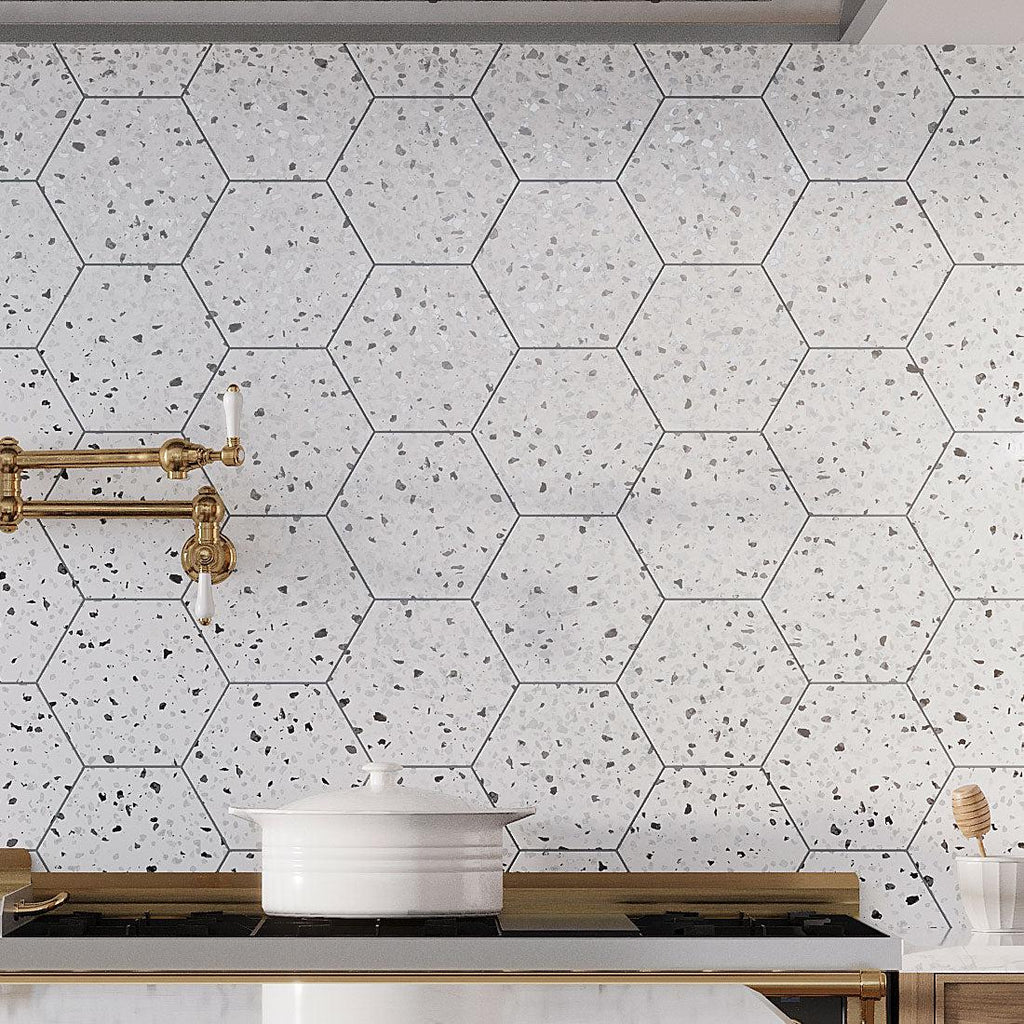 White and Black Terrazzo Hex Porcelain Tile Backsplash