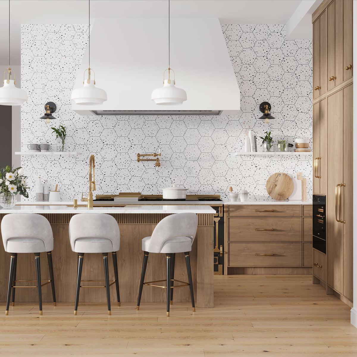 White and Black Terrazzo Hex Porcelain Tile | Tile Club