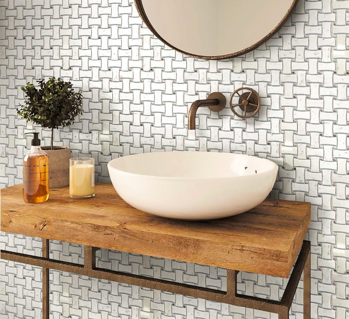 White marble basketweave bathroom tile wall