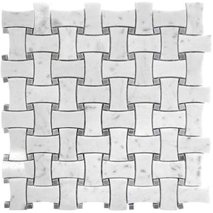 White Carrara & Bardiglio Curved Basket Weave Marble Mosaic Tile Sample