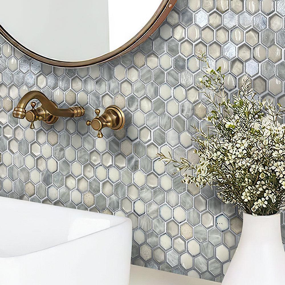 Backsplash with White Ceramic And Pearl Glass Hexagon Mosaic Tile