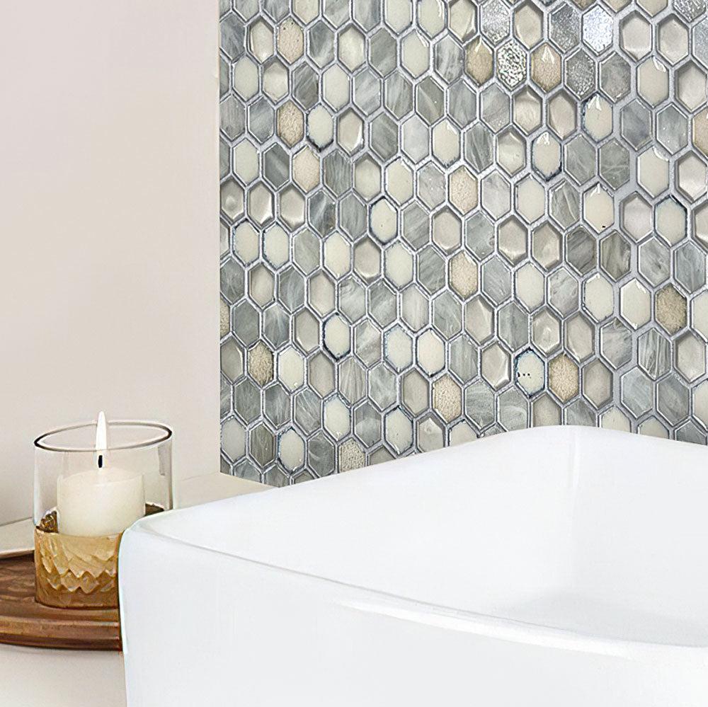 White Ceramic And Pearl Glass Hexagon Mosaic Tile close-up