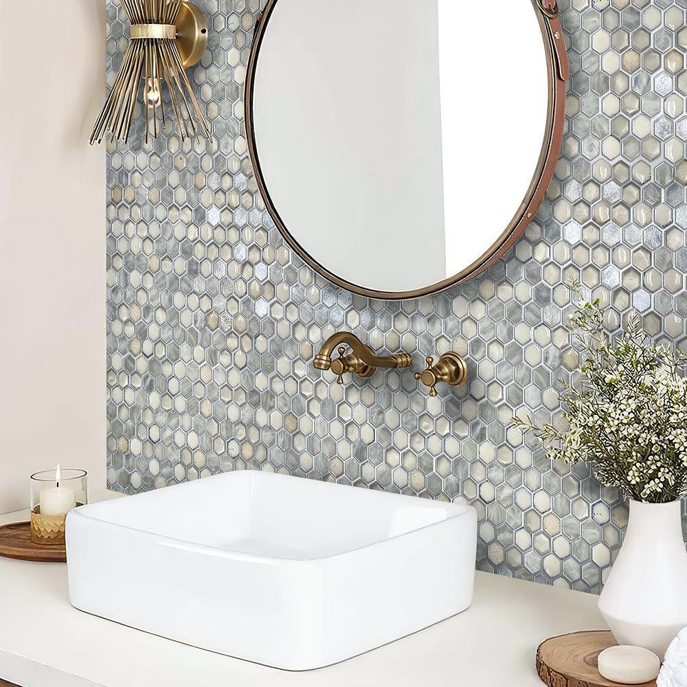 White Ceramic And Pearl Glass Hexagon Mosaic Tile bathroom wall