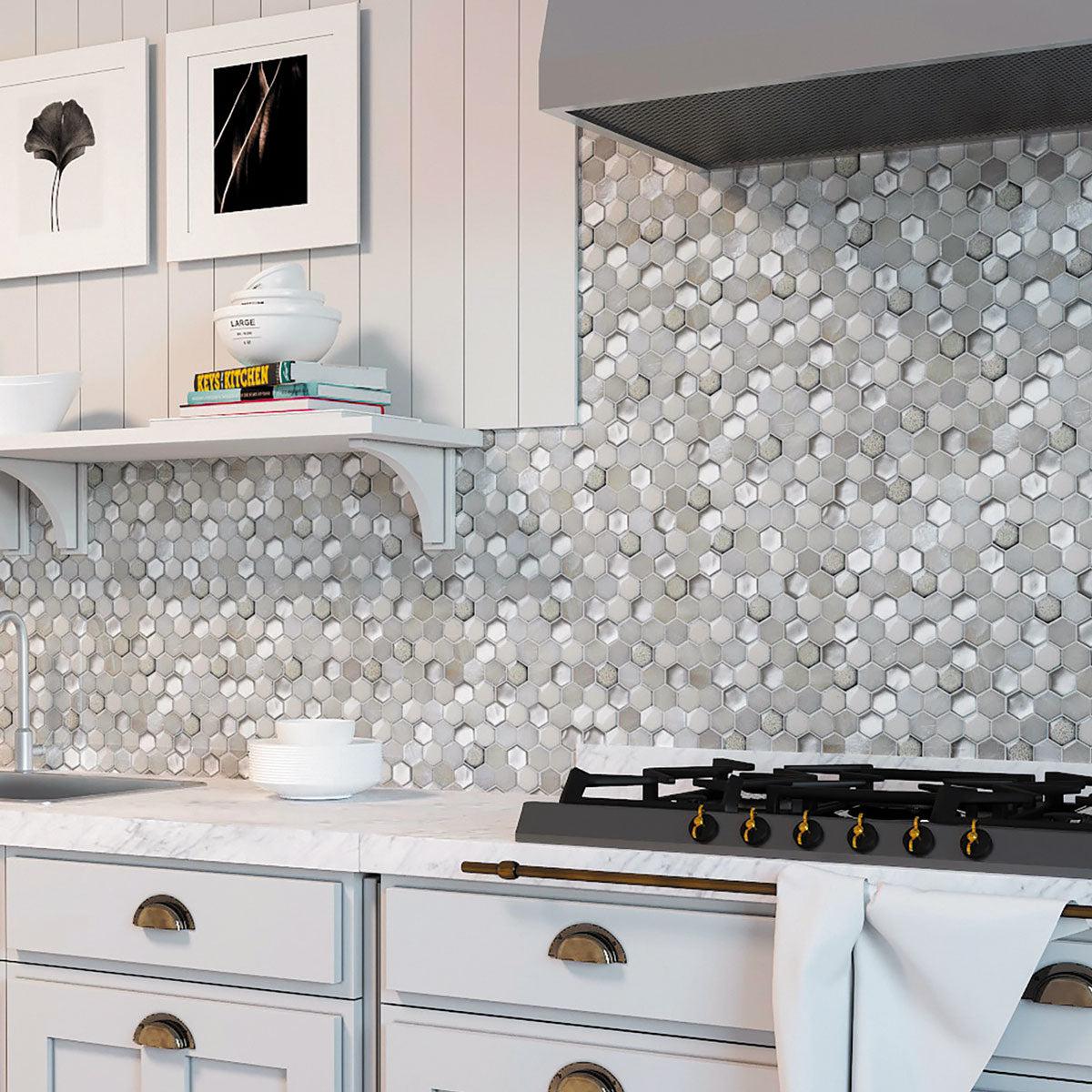 White Ceramic And Pearl Glass Hexagon Mosaic Backsplash Tile with White Shaker Cabinets