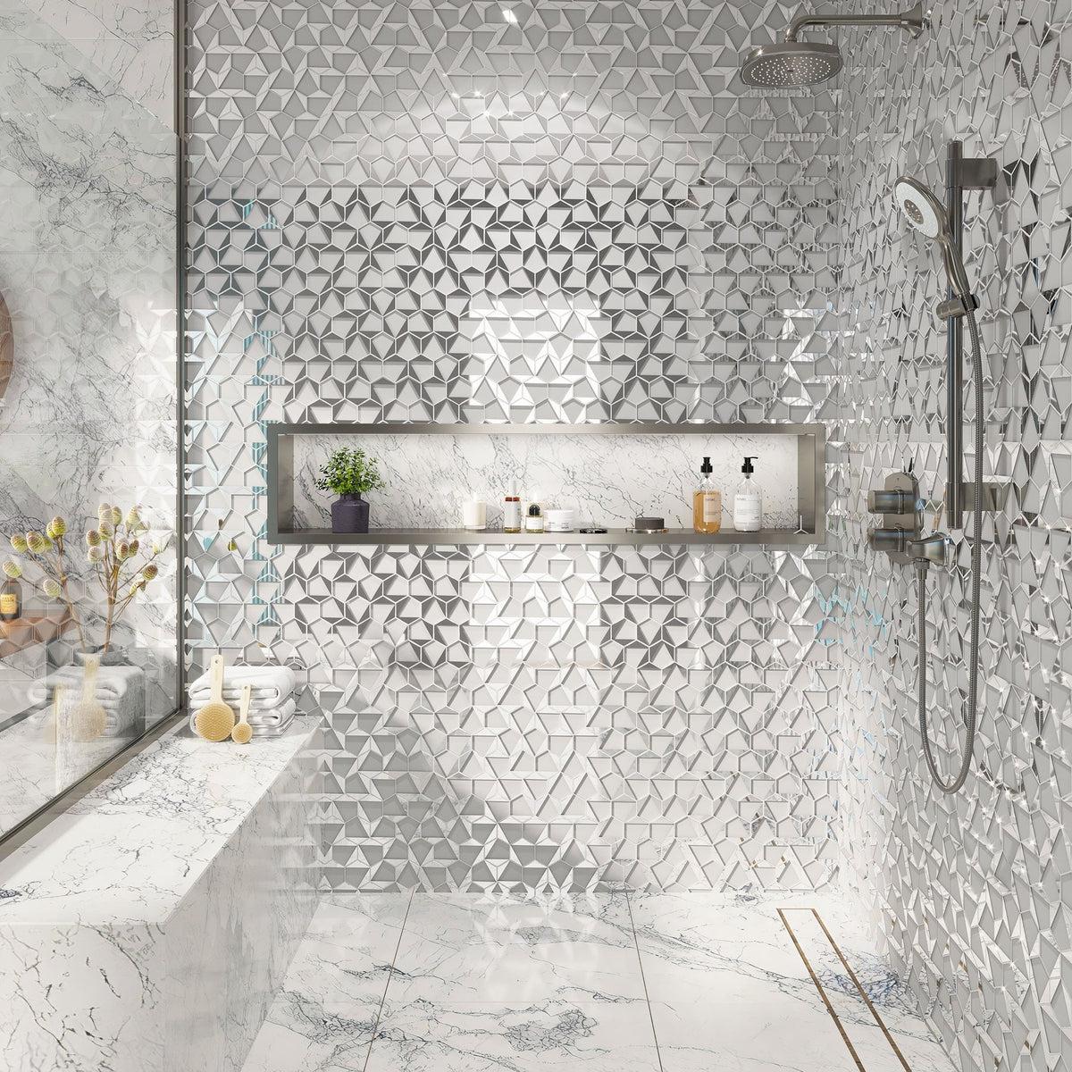 Hexagon glass white tile bathroom shower