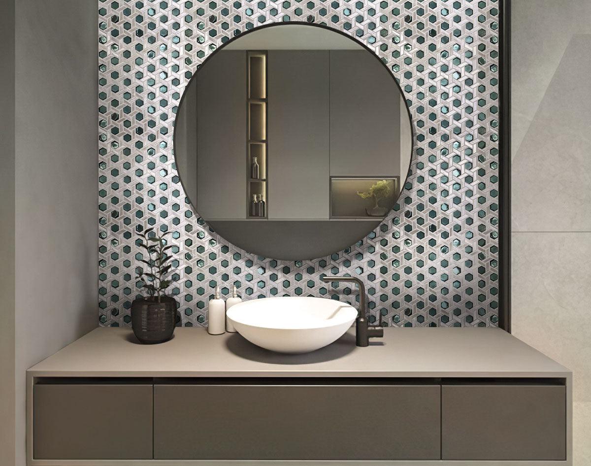 Bathroom accent wall with white emerald glass hexagon tile