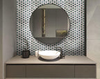 Bathroom accent wall with white emerald glass hexagon tile