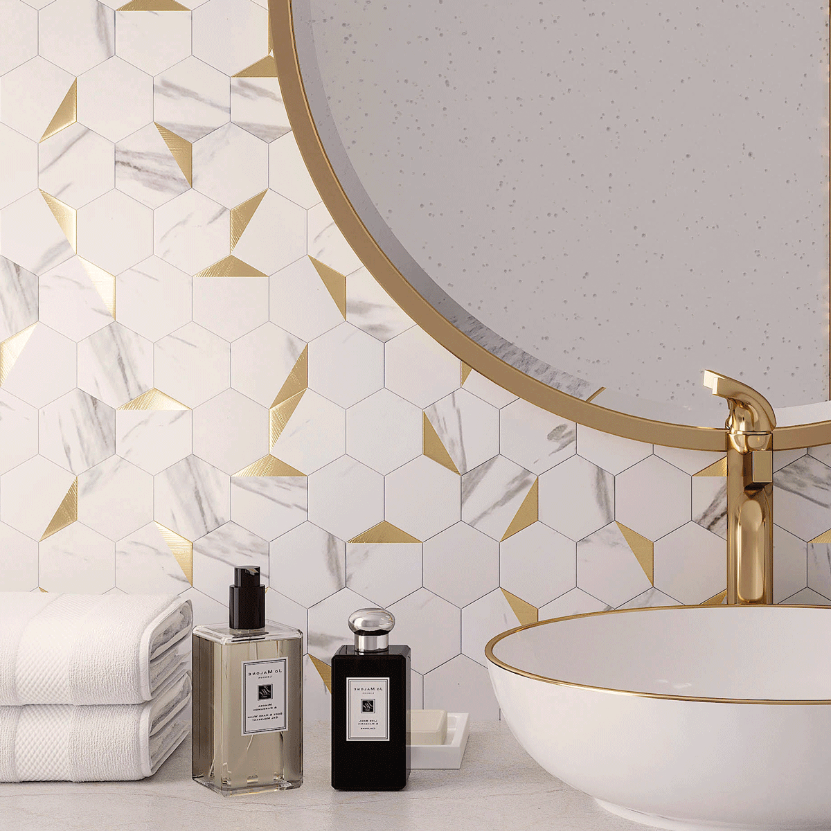 Vinyl Adhesive tile with marbled patterns and brushed gold details