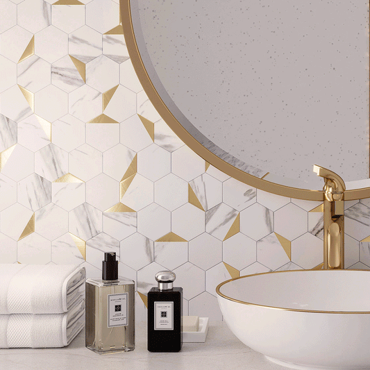 Vinyl Adhesive tile with marbled patterns and brushed gold details