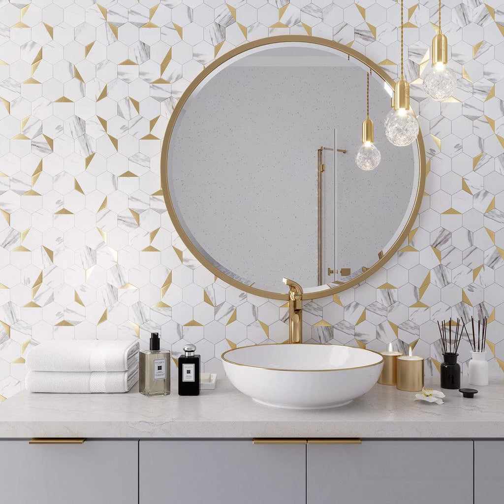 White and Gold Hexagon Peel and Stick Tile | Tile Club