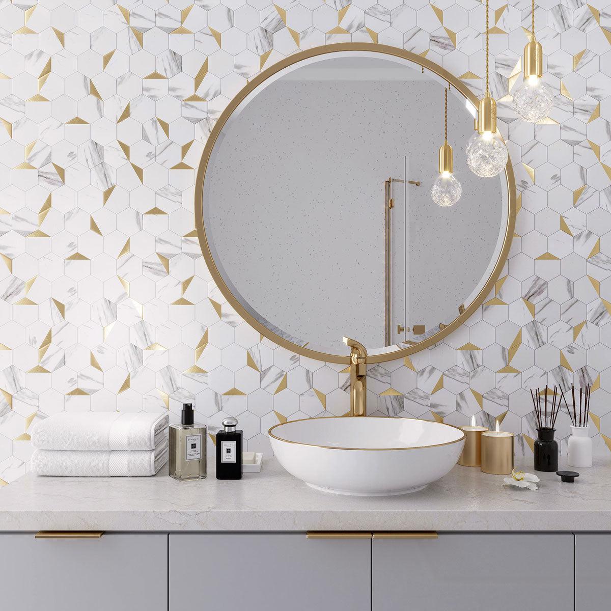 White and Gold Hexagon Peel and Stick Tile | Tile Club