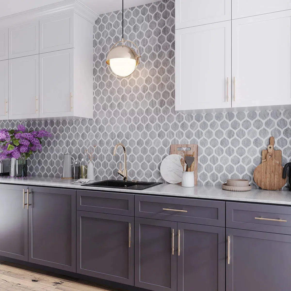 Gray, white, and blue kitchen with a patterned tile backsplash
