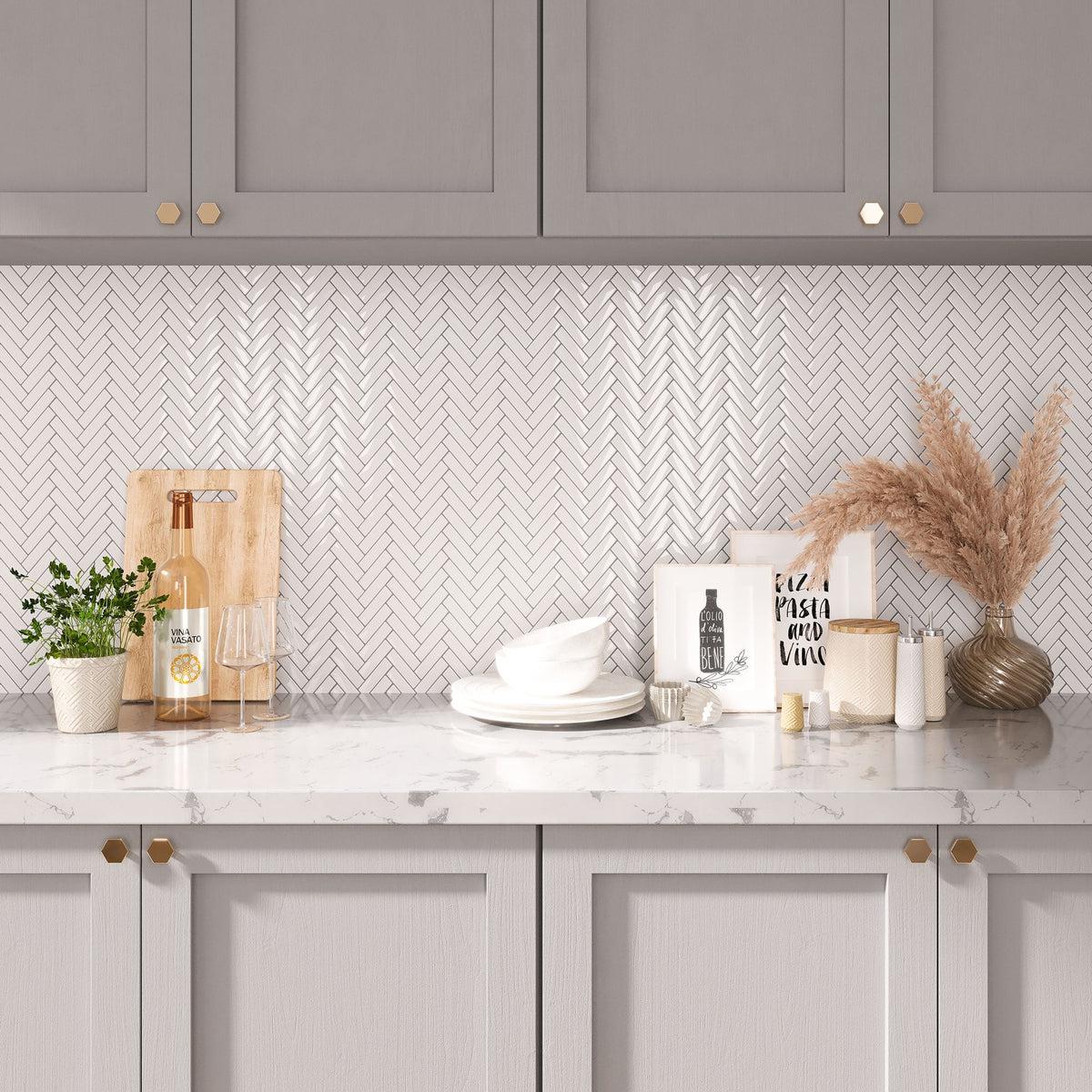 Modern neutral kitchen with white herringbone peel and stick tile backsplash