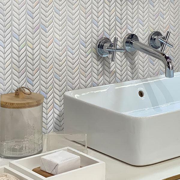 Bathroom Sink with White Leaf Recycled Glass Mosaic Tile Backsplash