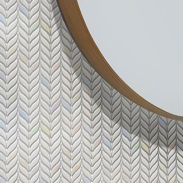 White Leaf Recycled Glass Mosaic Tile Wall Close-up