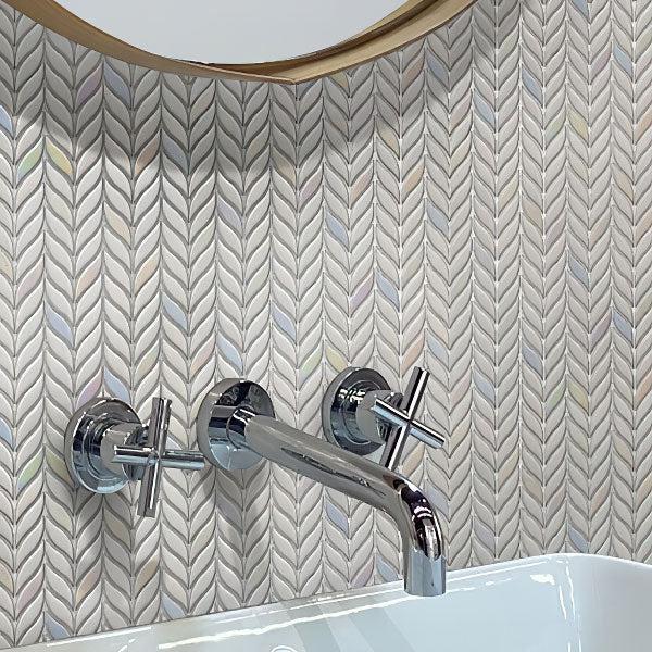 Bathroom Tap on White Leaf Recycled Glass Mosaic Tile Wall