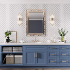 White Marble Subway Mosaic Tile With Carrara Dots for a Blue and Gold Bathroom Vanity Backsplash