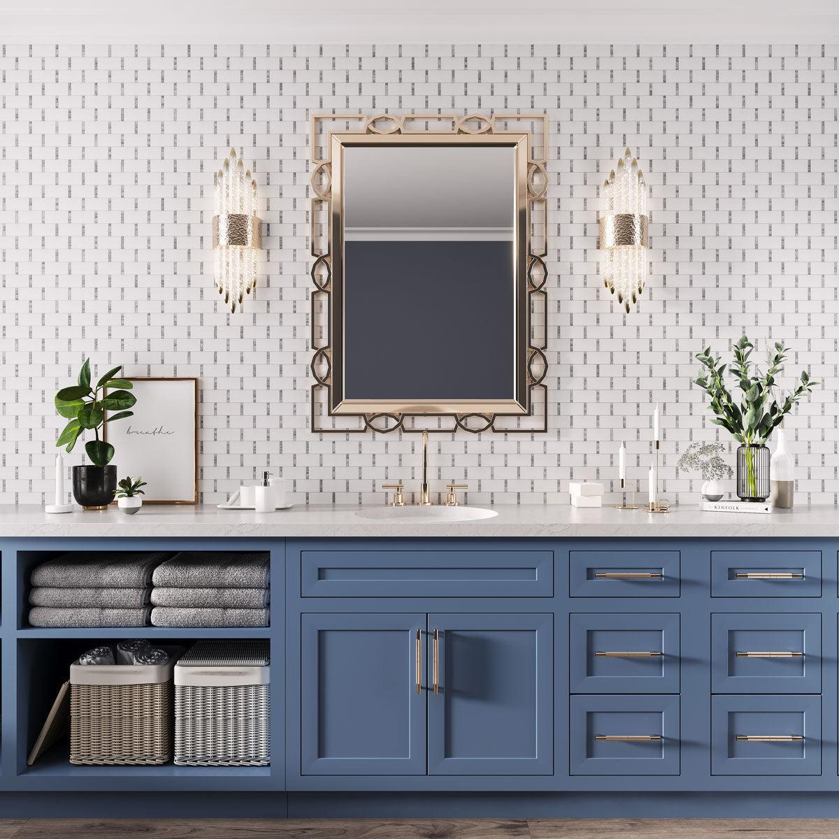 White Marble Subway Mosaic Tile With Carrara Dots for a Blue and Gold Bathroom Vanity Backsplash