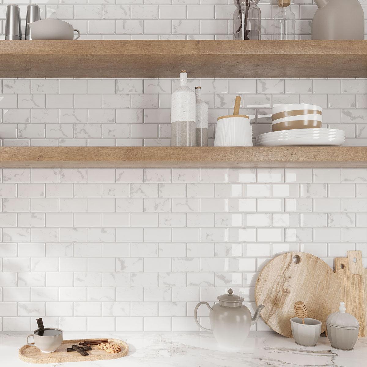 White Marbled Vinyl Peel and Stick Subway Tile