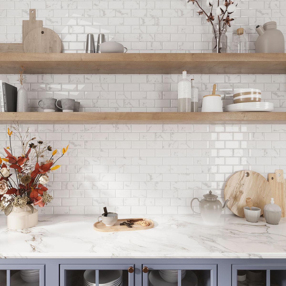 White Marbled Vinyl Peel and Stick Subway Tile | Tile Club