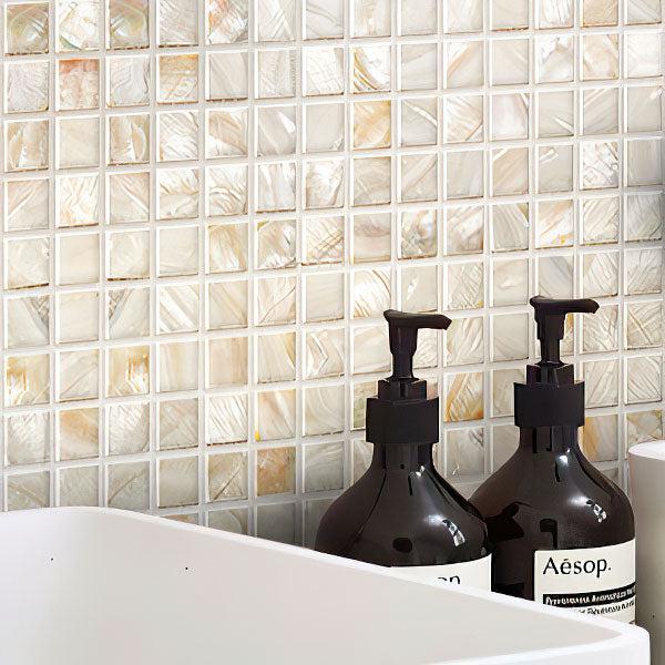 White Mother Of Pearl 1" Square Mosaic Tile Bathroom Wall Close-up