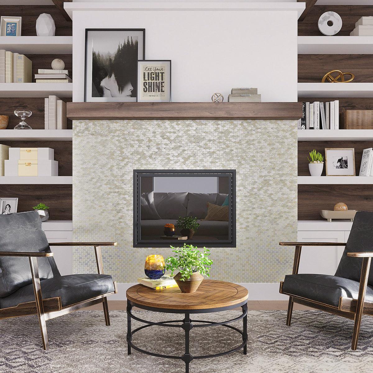 Oval mother of pearl tile fireplace in a  modern living room