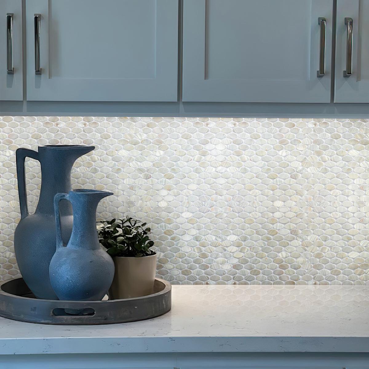 White Mother of Pearl Oval Mosaic Tile Kitchen Backsplash