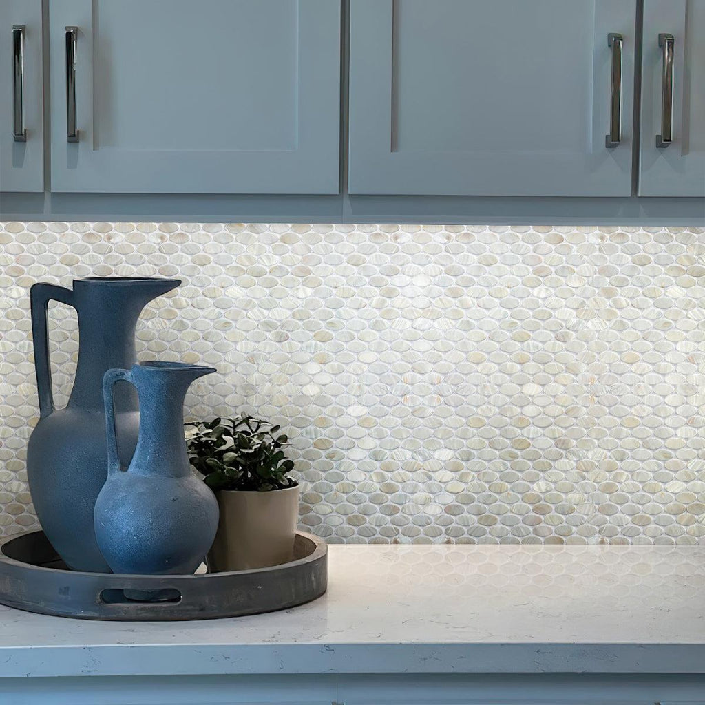 White Mother of Pearl Oval Mosaic Tile Kitchen Backsplash