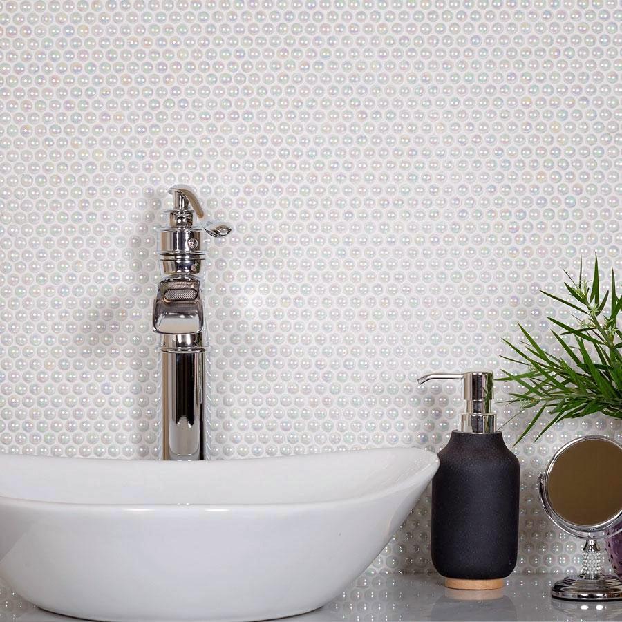 White Pearl Penny Recycled Glass Mosaic Tile Bathroom Vanity