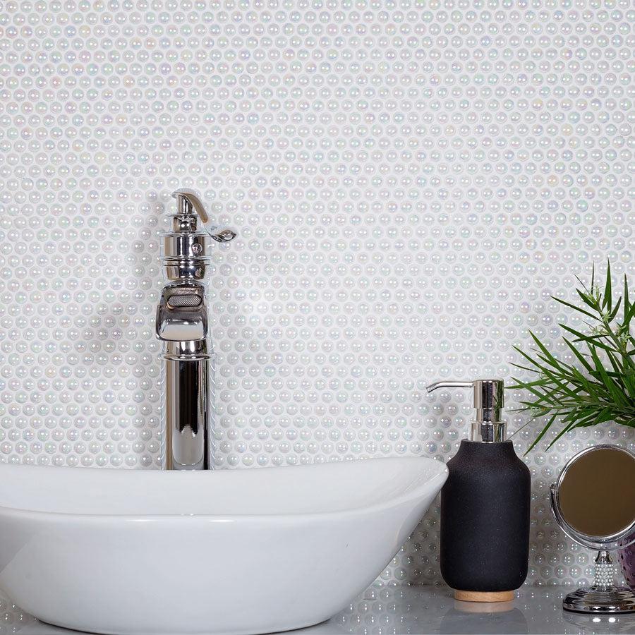 White Pearl Penny Recycled Glass Mosaic Tile Bathroom Vanity