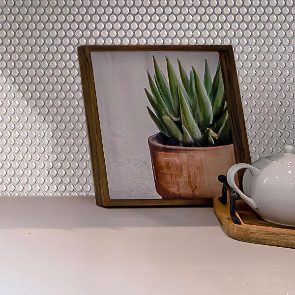 Photo in a Frame on Background of White Pearl Penny Recycled Glass Mosaic