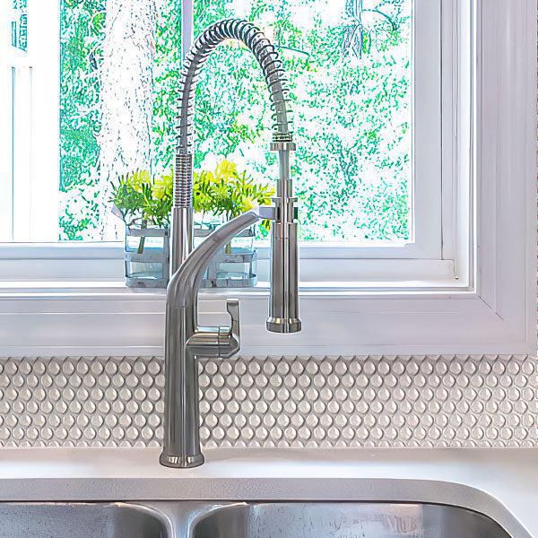 Kitchen Sink with White Pearl Penny Recycled Glass Mosaic Tile Wall