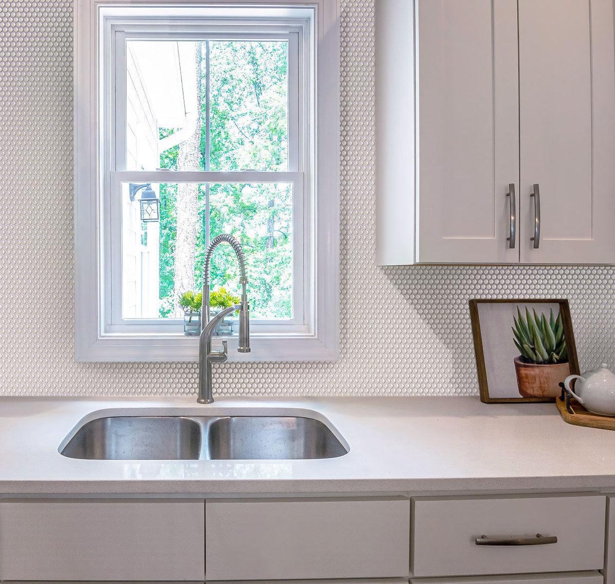 White Kitchen with White Pearl Penny Recycled Glass Mosaic Tile Wall