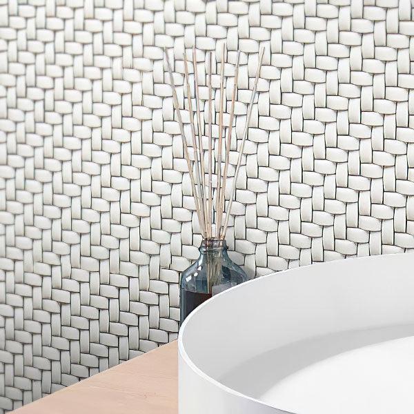 Aroma Sticks on White Recycled Glass Basket Weave Mosaic 
