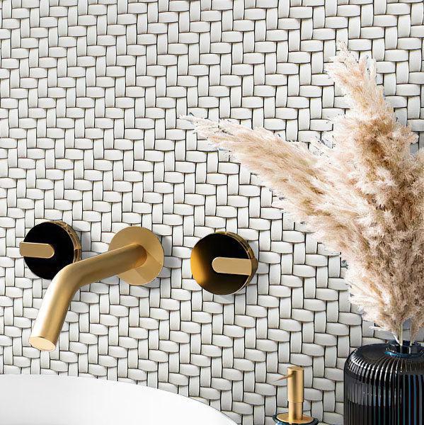 Bathroom Sink with White Recycled Glass Basket Weave Mosaic Background