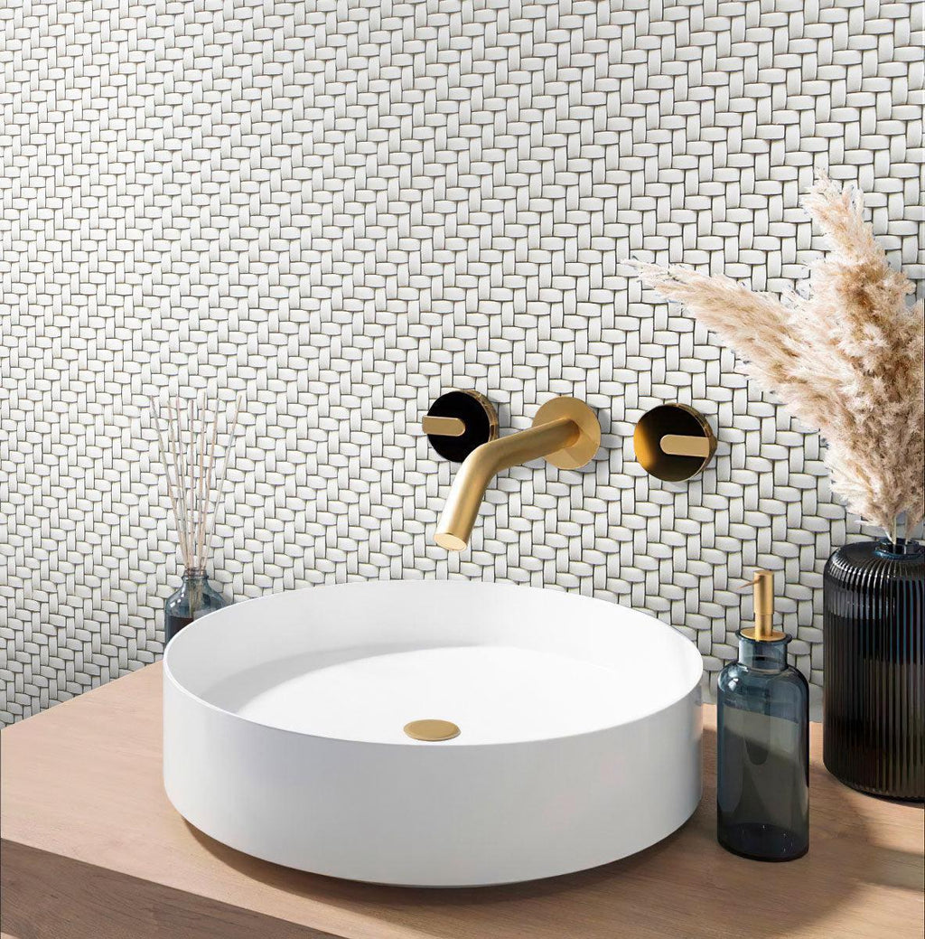 White Recycled Glass Basket Weave Mosaic Tile Bathroom Wall