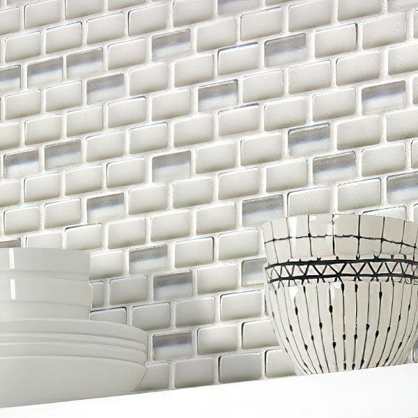 White Recycled Glass Brick Mosaic Tile Wall with Shelf for Dishes
