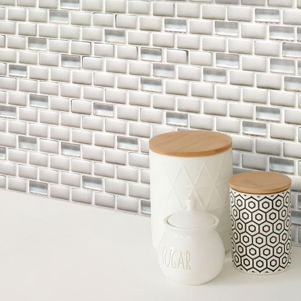 White Recycled Glass Brick Mosaic Tile Wall Close-up
