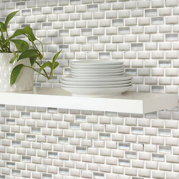  Shelf for Dishes on Background of White Recycled Glass Brick Mosaic Tile Wall