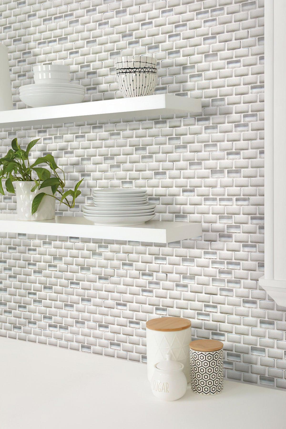 White Recycled Glass Brick Mosaic Tile Kitchen Wall with Shelves