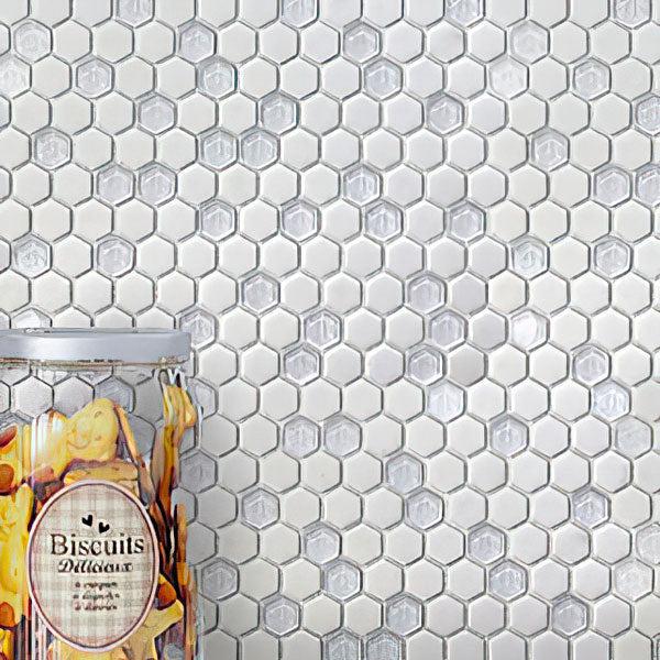 White Recycled Glass Hexagon Mosaic Tile Wall Close-up