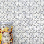 White Recycled Glass Hexagon Mosaic Tile Wall Close-up