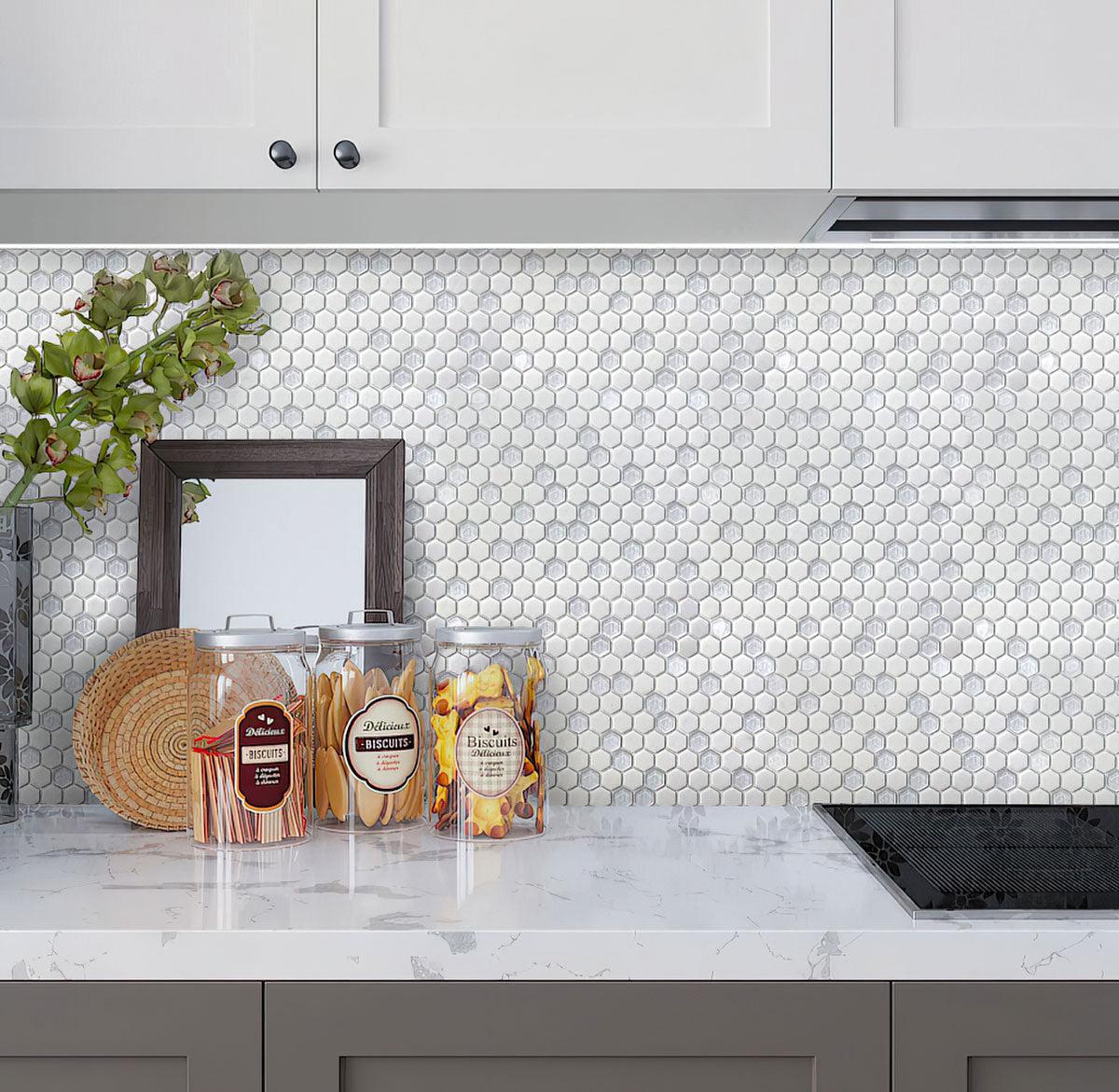 White Recycled Glass Hexagon Mosaic Tile Kitchen Backsplash