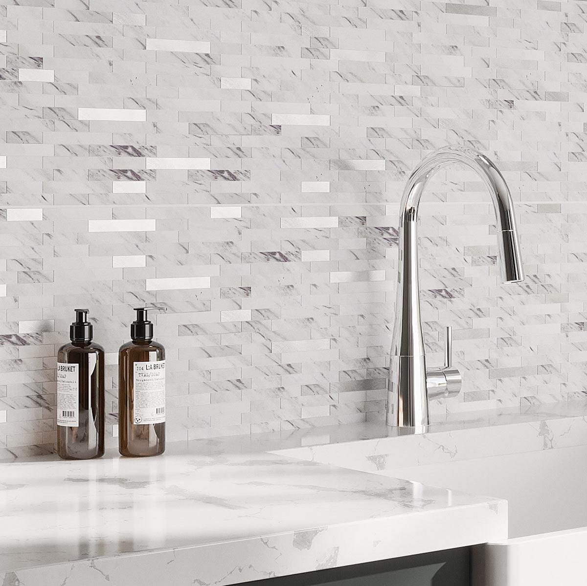 White and Silver Stack Peel and Stick Backsplash Tile