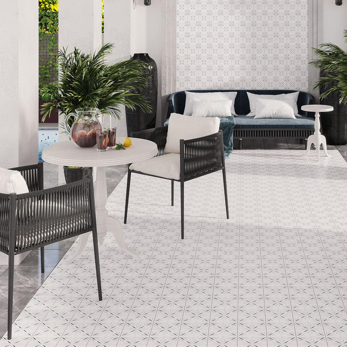 Moroccan Inspired Outdoor Patio Floor with White Sparkle Waterjet Marble Mosaic Tile